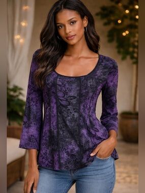 Sami & Jo Purple Floral Scoop Neck Long Sleeve Top